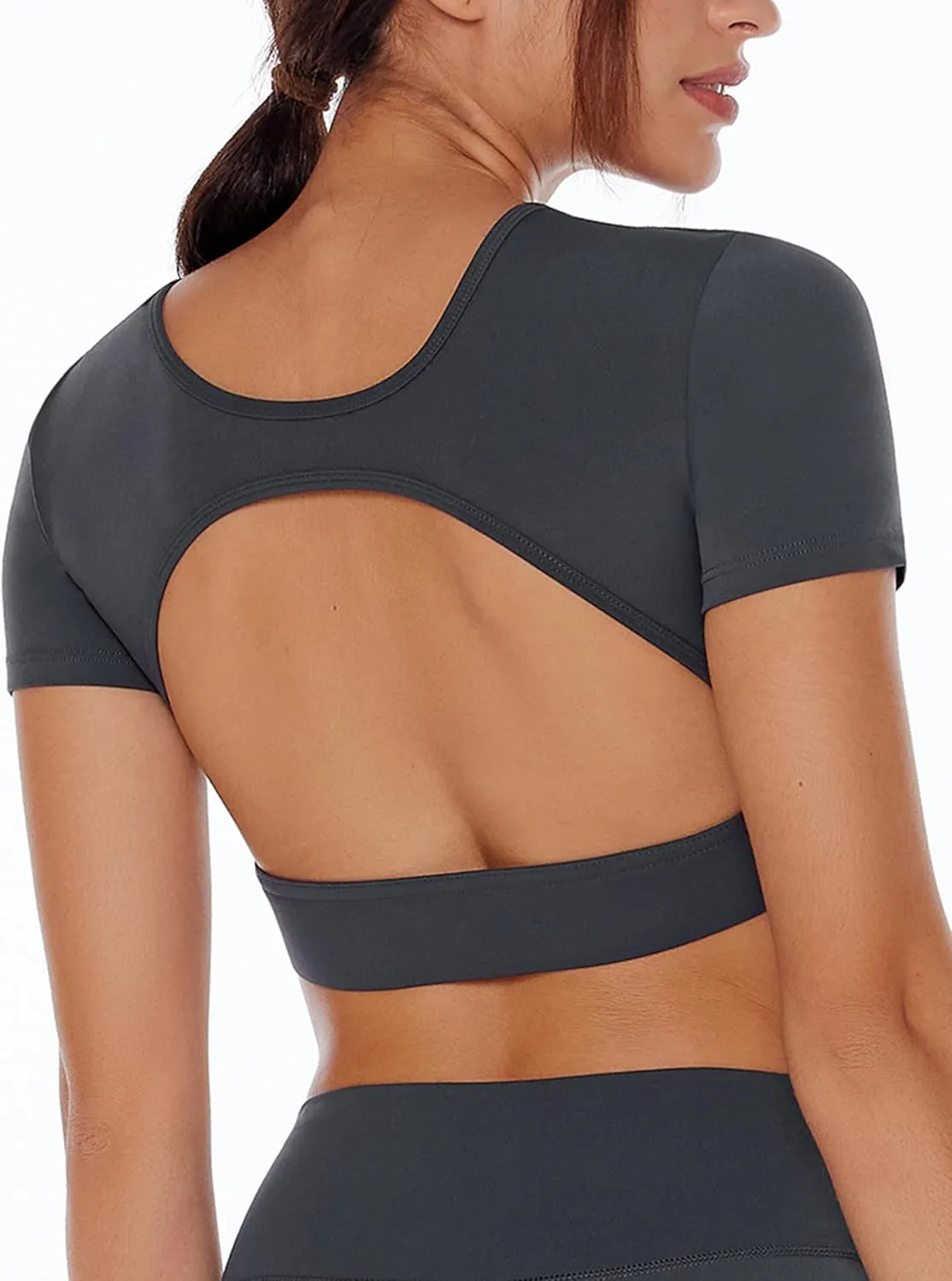 Open Back Workout Crop Tops for Women Backless Yoga Shirts Gym Short Sleeve Mild Support Compression Tee with Bra