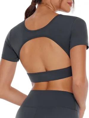 Open Back Workout Crop Tops for Women Backless Yoga Shirts Gym Short Sleeve Mild Support Compression Tee with Bra