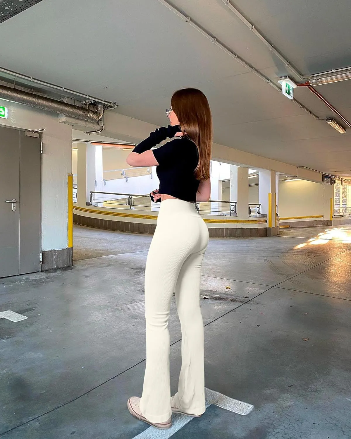 OQQ Women's Flared Pants Ribbed Cross Over High Waist Bell Bottoms Lounge Travel Pants