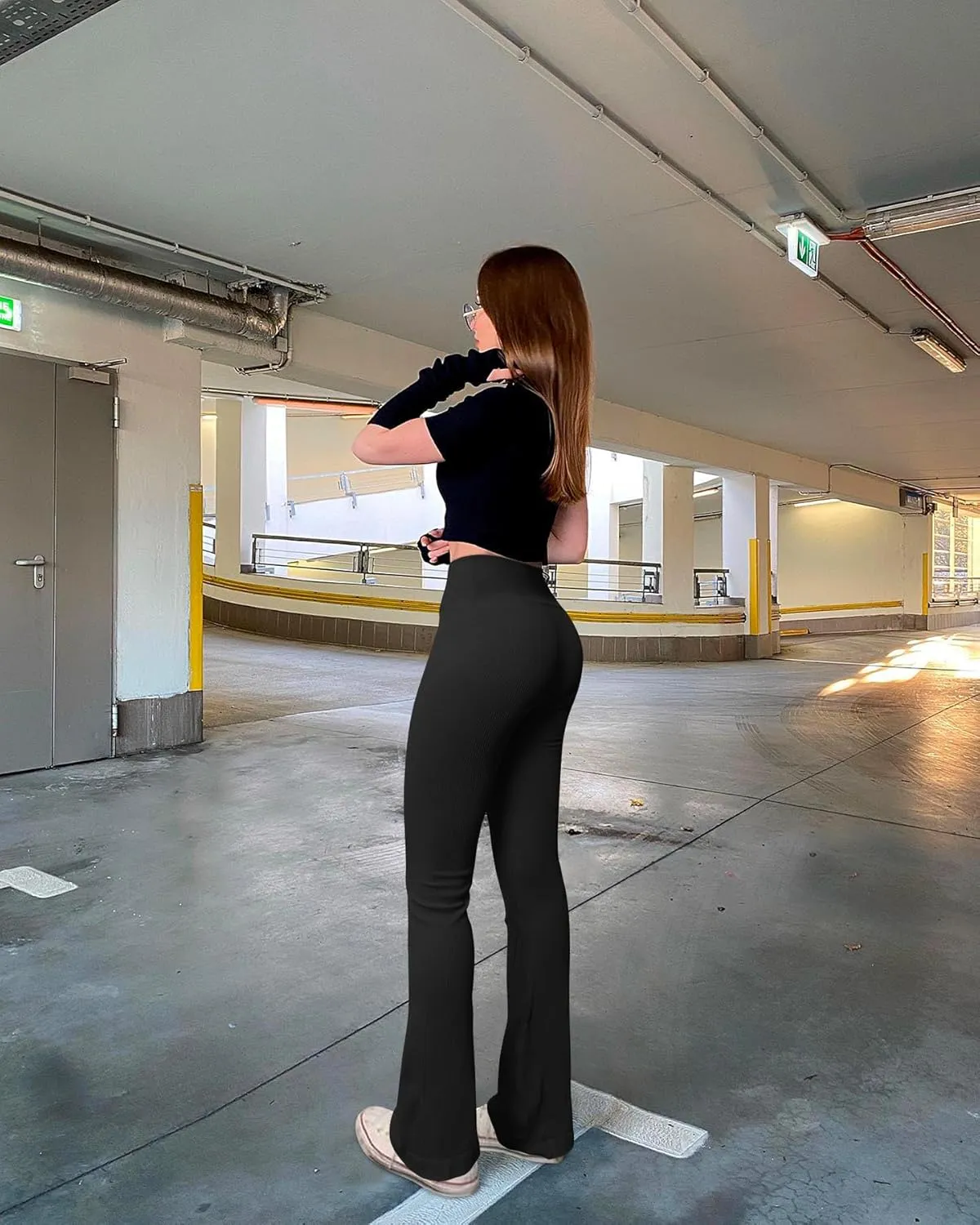 OQQ Women's Flared Pants Ribbed Cross Over High Waist Bell Bottoms Lounge Travel Pants
