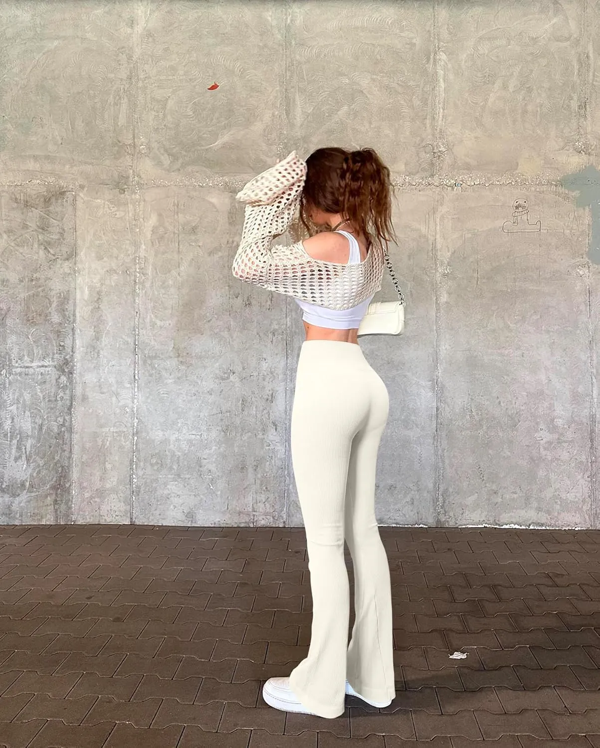 OQQ Women's Flared Pants Ribbed Cross Over High Waist Bell Bottoms Lounge Travel Pants