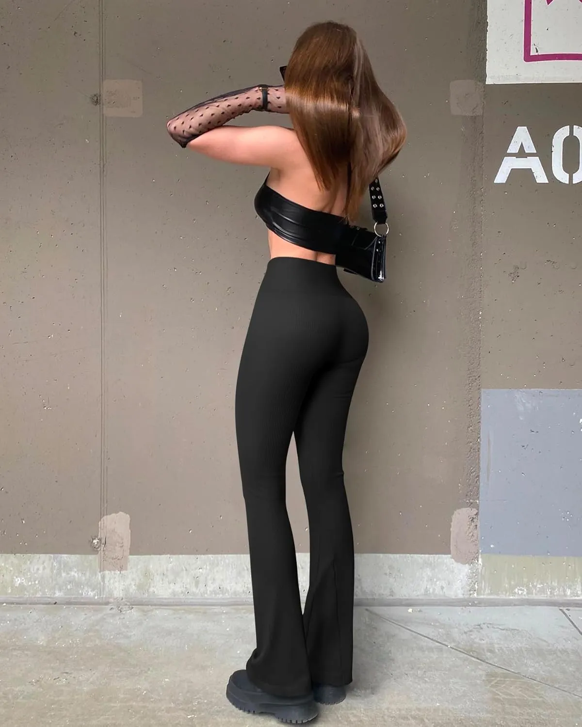 OQQ Women's Flared Pants Ribbed Cross Over High Waist Bell Bottoms Lounge Travel Pants