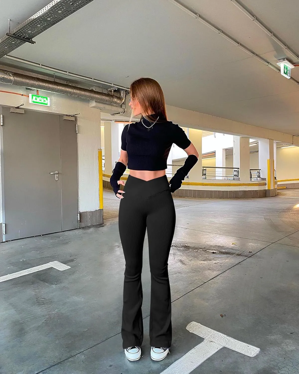 OQQ Women's Flared Pants Ribbed Cross Over High Waist Bell Bottoms Lounge Travel Pants