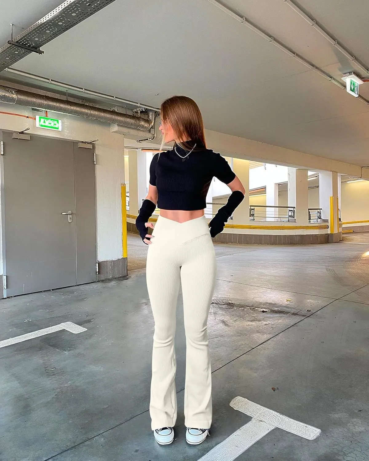 OQQ Women's Flared Pants Ribbed Cross Over High Waist Bell Bottoms Lounge Travel Pants
