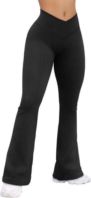 OQQ Women's Flared Pants Ribbed Cross Over High Waist Bell Bottoms Lounge Travel Pants