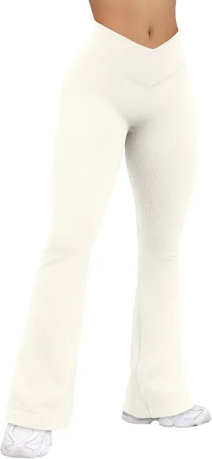 OQQ Women's Flared Pants Ribbed Cross Over High Waist Bell Bottoms Lounge Travel Pants