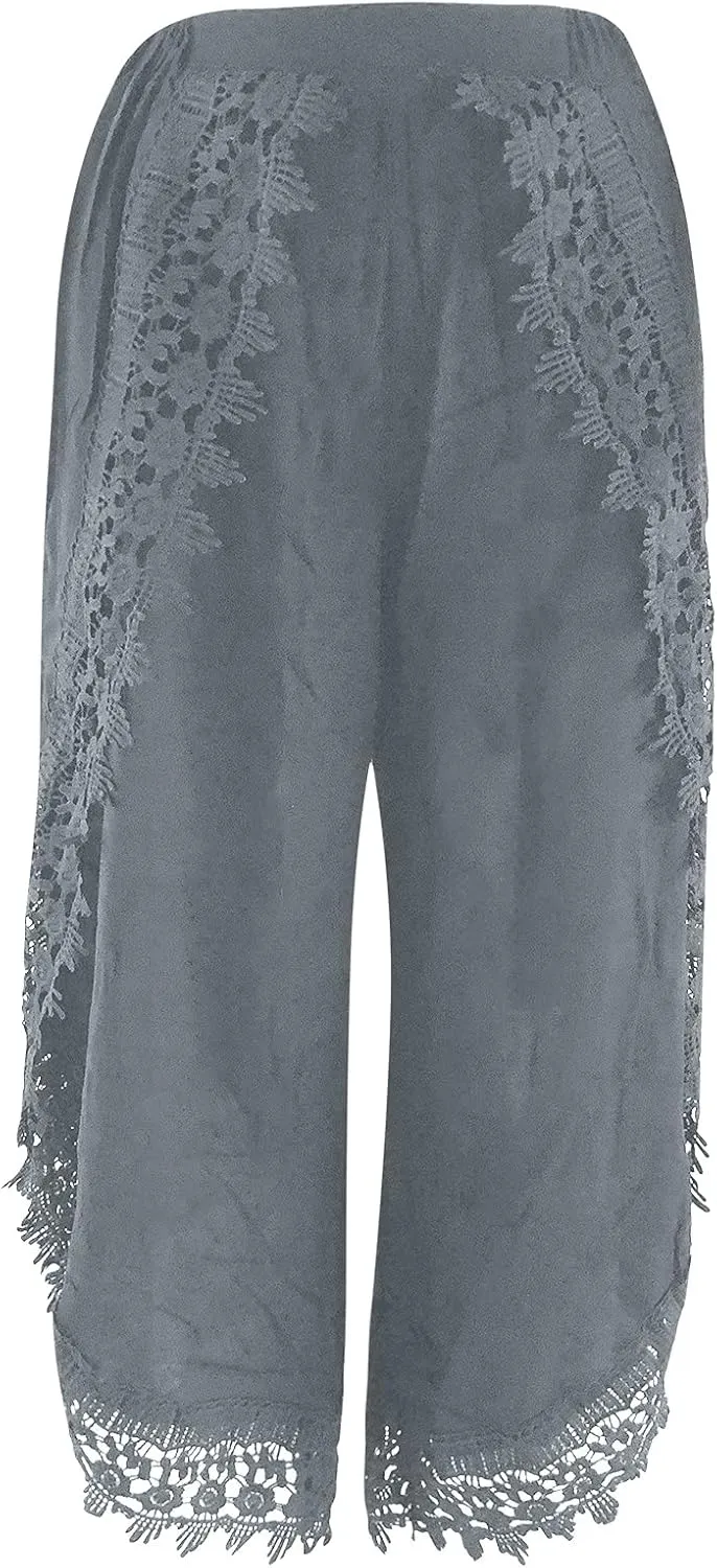 Palazzo Pants Women High Waist Wide Leg Boho Harem Yoga Pants Summer Irregular Lace Hippie Culottes Cropped Trousers