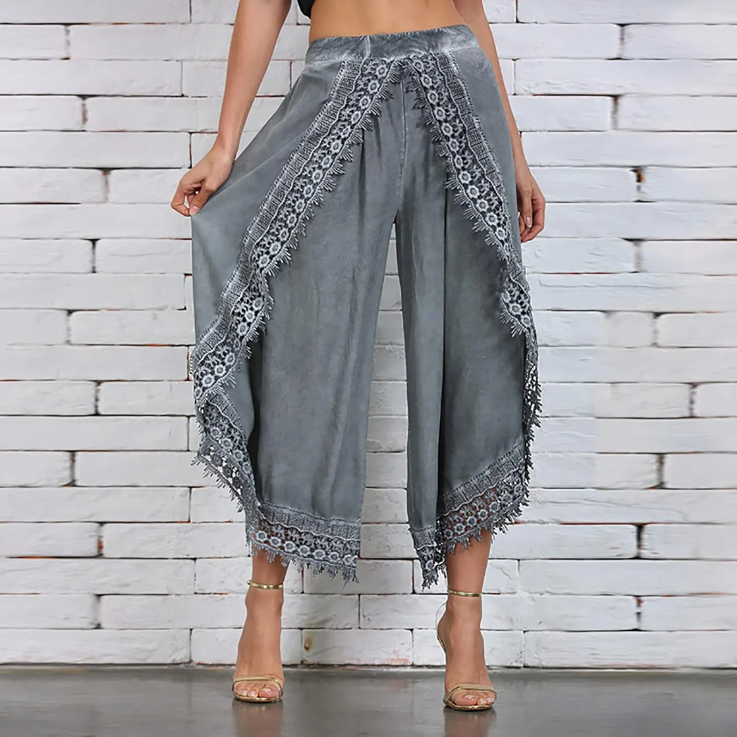 Palazzo Pants Women High Waist Wide Leg Boho Harem Yoga Pants Summer Irregular Lace Hippie Culottes Cropped Trousers