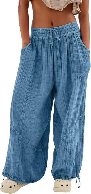 Pants for Women Elastic Waist Straight Leg Baggy Beach Trousers Casual High Waist Drawstring Sweatpants with Pockets