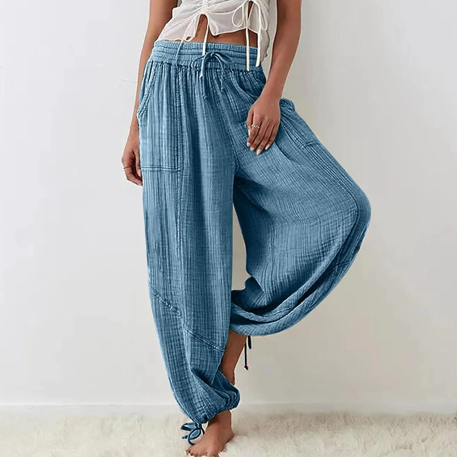 Pants for Women Elastic Waist Straight Leg Baggy Beach Trousers Casual High Waist Drawstring Sweatpants with Pockets