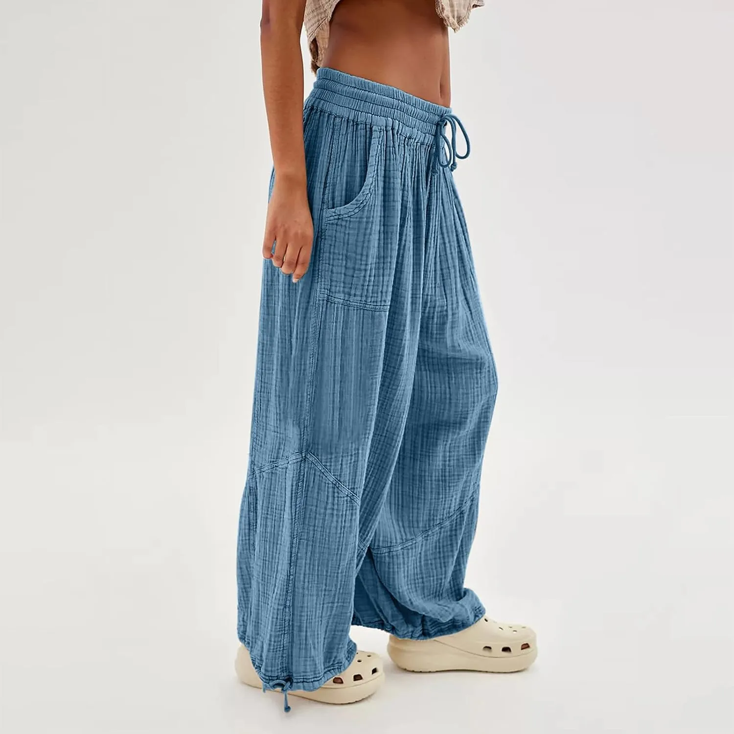 Pants for Women Elastic Waist Straight Leg Baggy Beach Trousers Casual High Waist Drawstring Sweatpants with Pockets