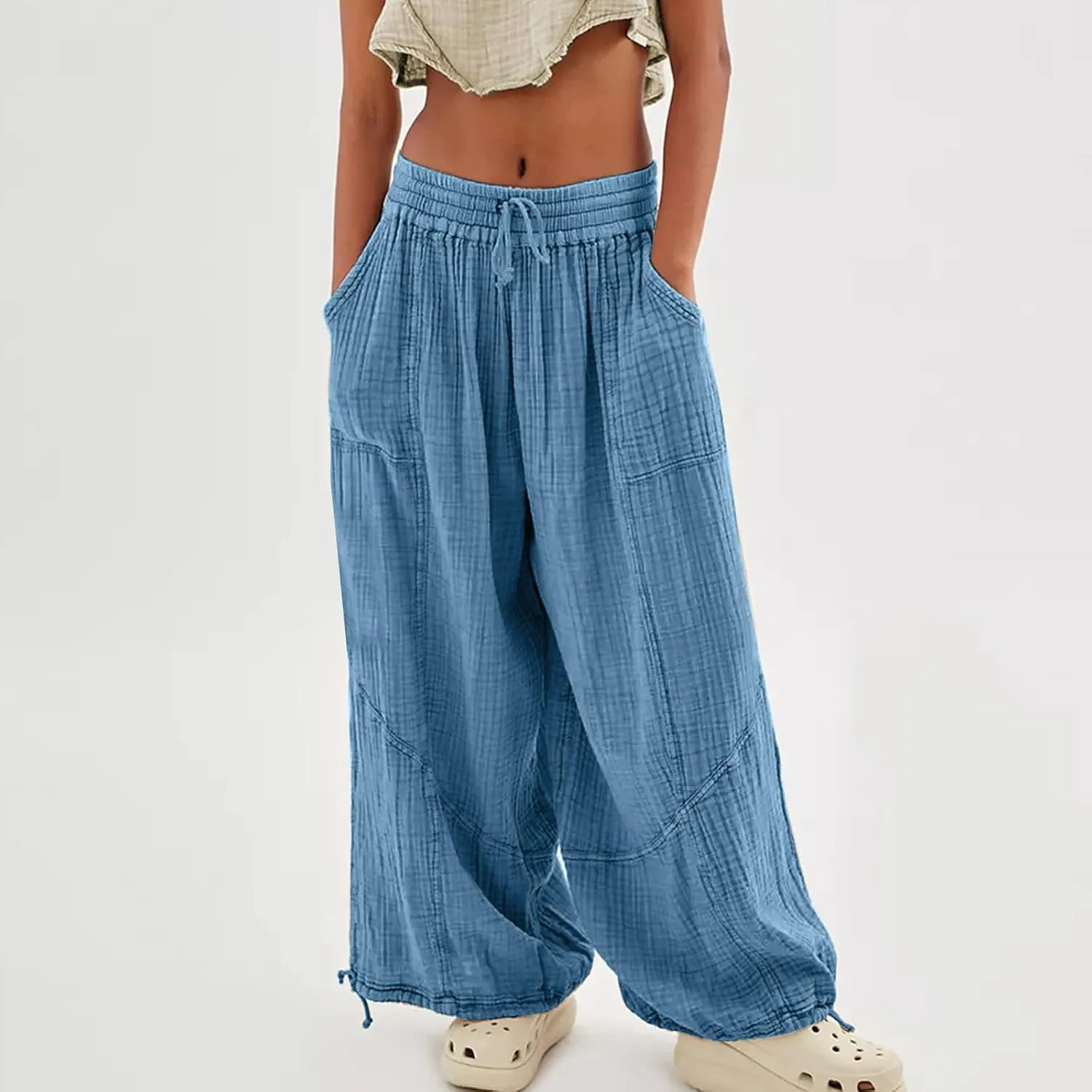 Pants for Women Elastic Waist Straight Leg Baggy Beach Trousers Casual High Waist Drawstring Sweatpants with Pockets
