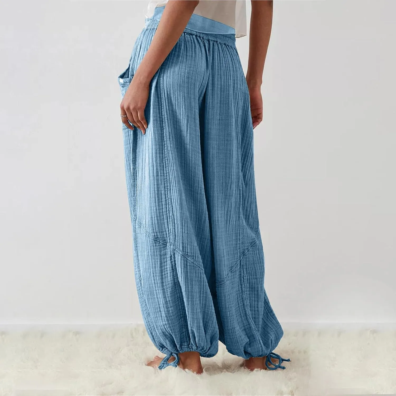 Pants for Women Elastic Waist Straight Leg Baggy Beach Trousers Casual High Waist Drawstring Sweatpants with Pockets