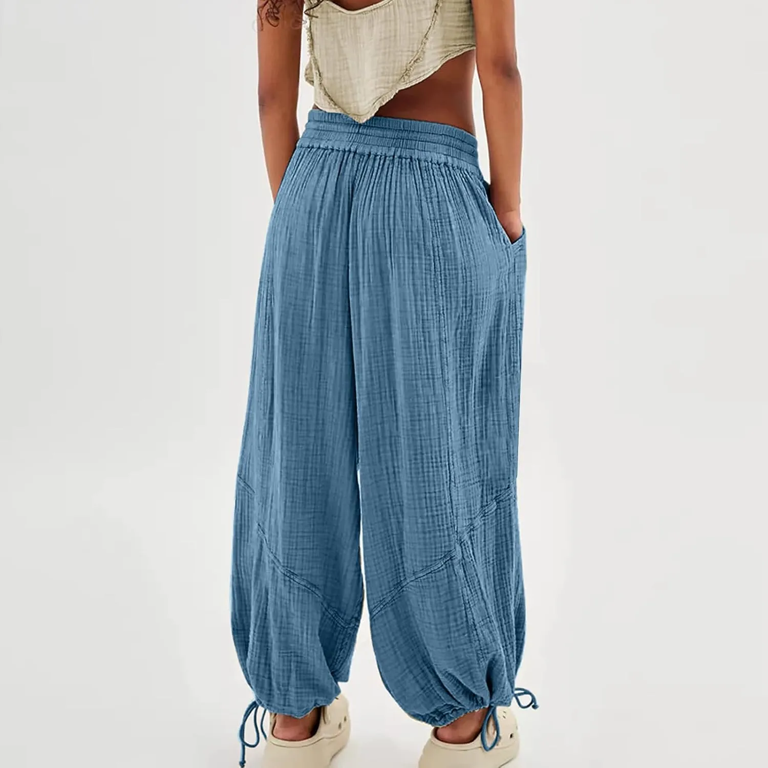 Pants for Women Elastic Waist Straight Leg Baggy Beach Trousers Casual High Waist Drawstring Sweatpants with Pockets