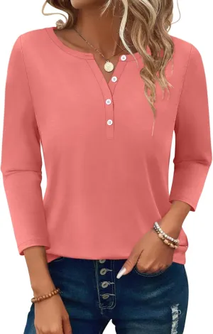 PGANDS Women's 3/4 Length Sleeve T Shirts Button Down Scoop Neck Casual Tops