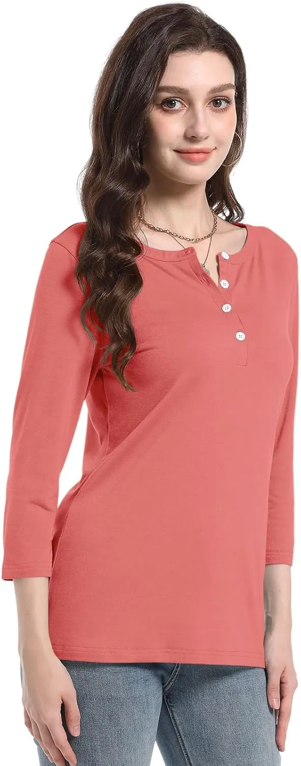 PGANDS Women's 3/4 Length Sleeve T Shirts Button Down Scoop Neck Casual Tops