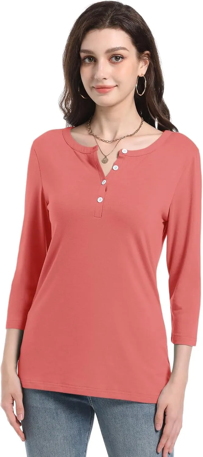 PGANDS Women's 3/4 Length Sleeve T Shirts Button Down Scoop Neck Casual Tops