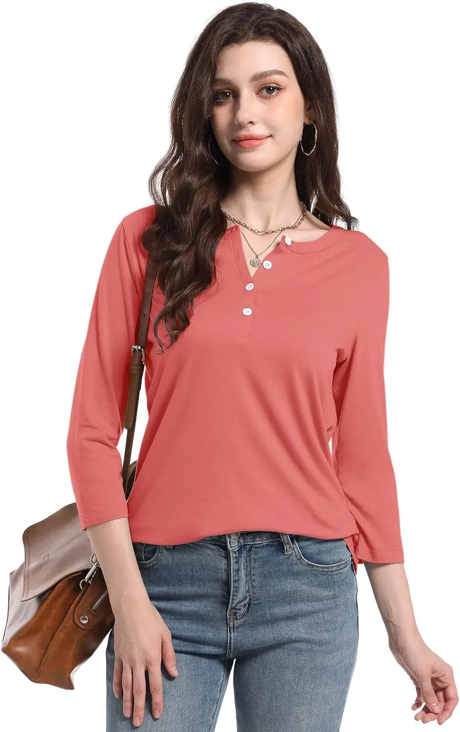 PGANDS Women's 3/4 Length Sleeve T Shirts Button Down Scoop Neck Casual Tops