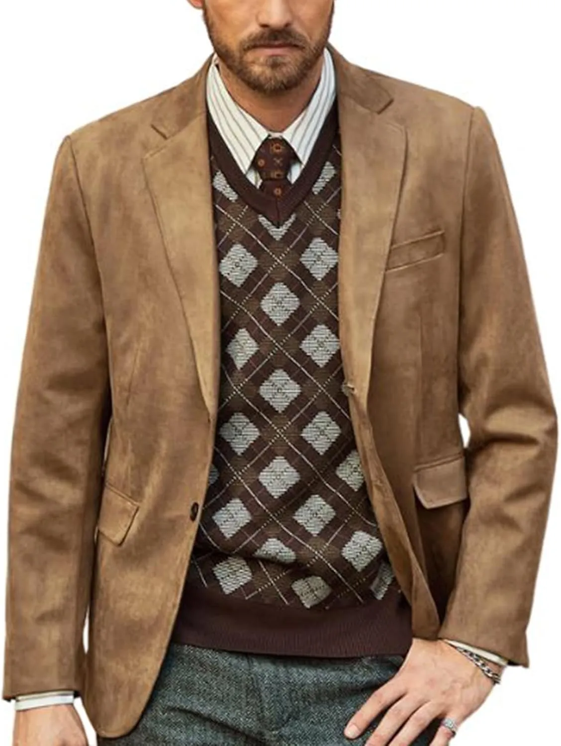 PJ PAUL JONES Mens Blazer Jacket Faux Leather Suit Jacket Casual 2 Buttons Suede Sport Blazer Coat with Pockets