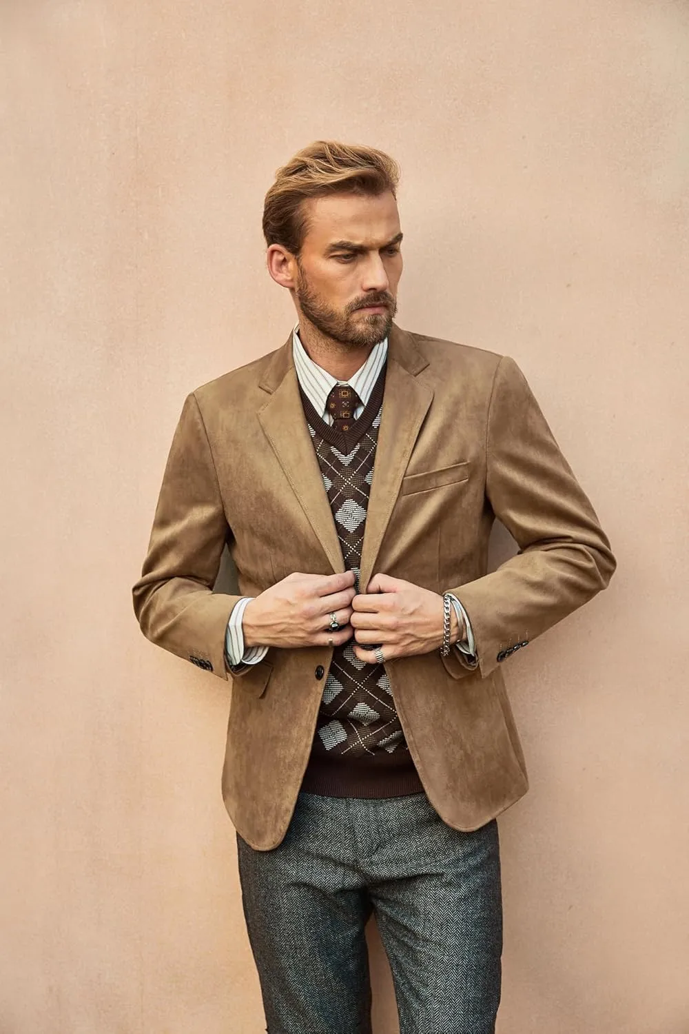PJ PAUL JONES Mens Blazer Jacket Faux Leather Suit Jacket Casual 2 Buttons Suede Sport Blazer Coat with Pockets