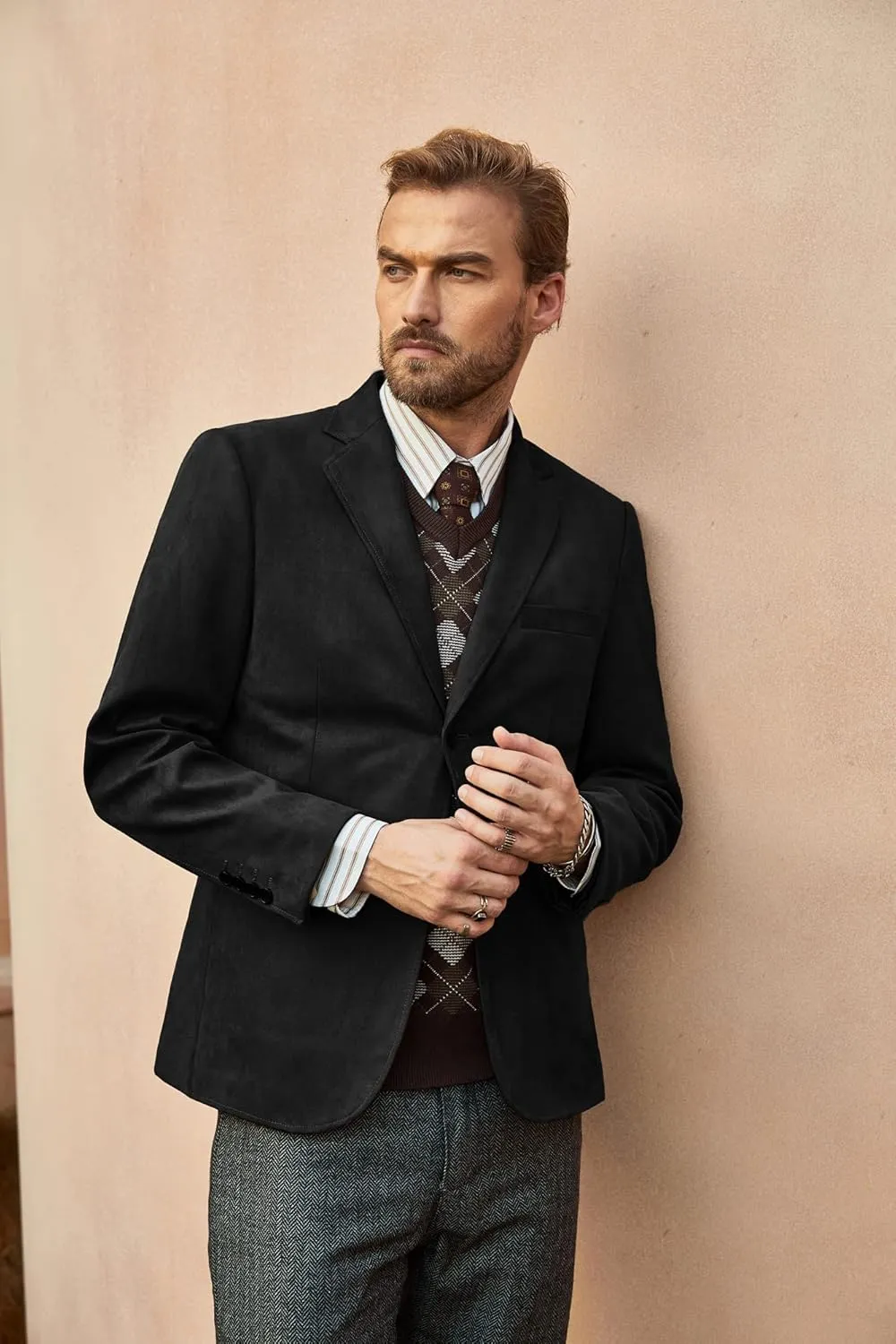 PJ PAUL JONES Mens Blazer Jacket Faux Leather Suit Jacket Casual 2 Buttons Suede Sport Blazer Coat with Pockets
