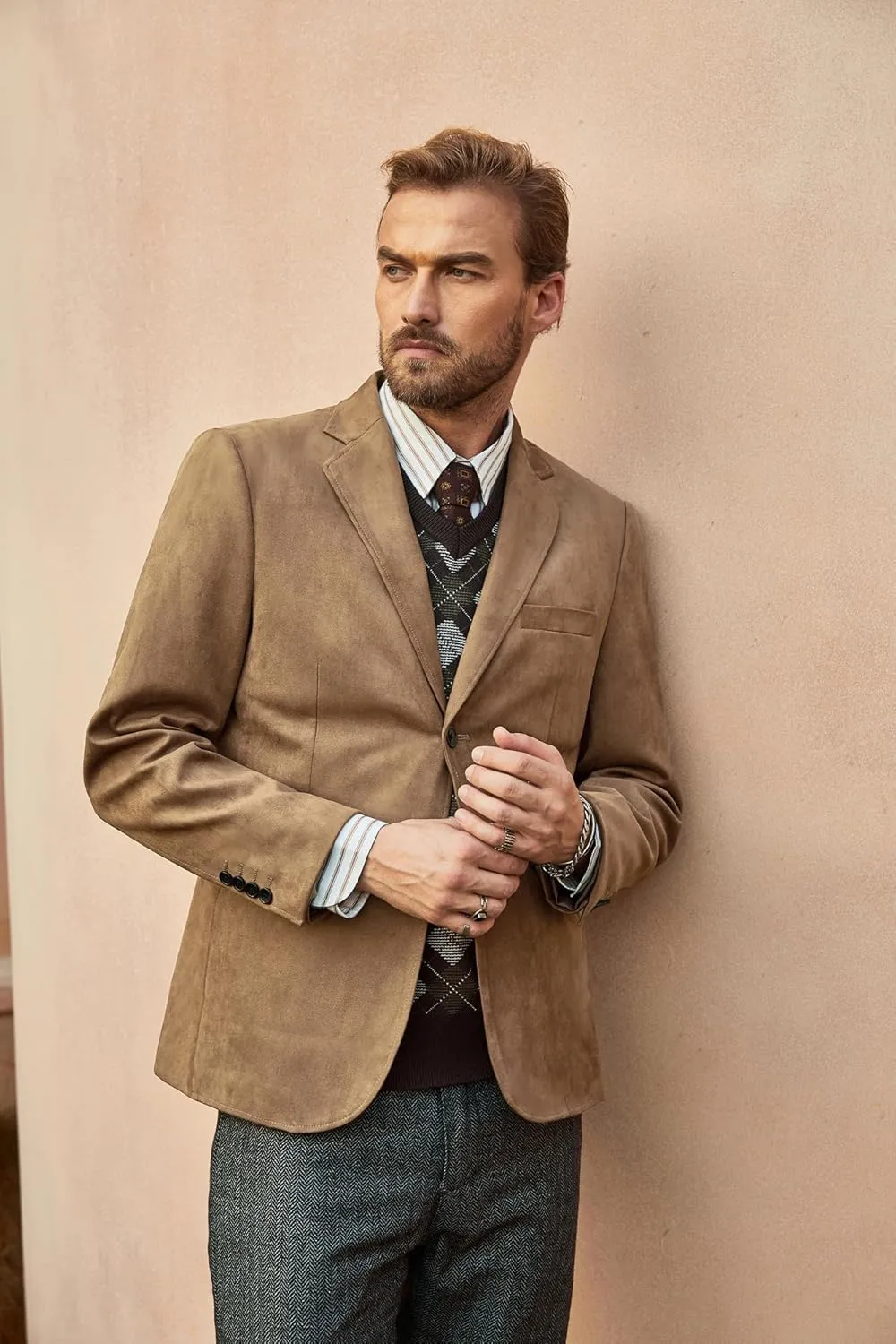 PJ PAUL JONES Mens Blazer Jacket Faux Leather Suit Jacket Casual 2 Buttons Suede Sport Blazer Coat with Pockets
