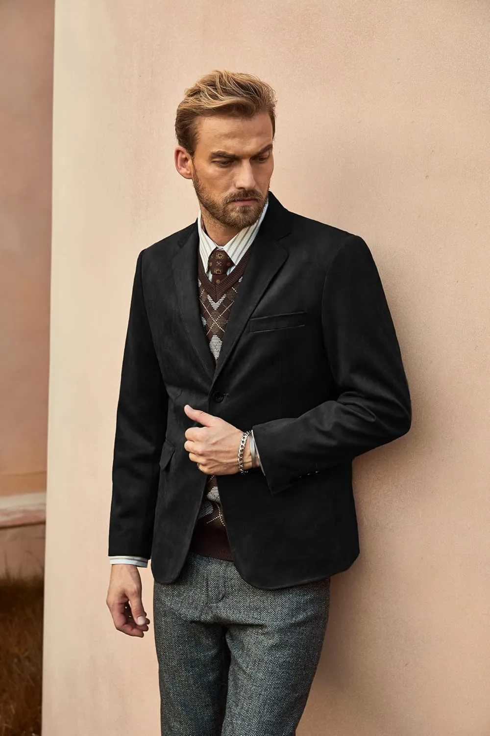PJ PAUL JONES Mens Blazer Jacket Faux Leather Suit Jacket Casual 2 Buttons Suede Sport Blazer Coat with Pockets
