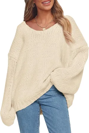 PRETTYGARDEN Womens Fall Sweaters Chunky Loose Long Sleeve V Neck Oversized Dressy Casual Knit Pullover Tops