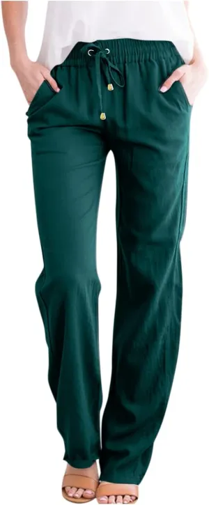 Prime Sales and Deals Today Clearance,Womens Casual Linen High Waist Pants Drawstring Loose Fit Summer Pants Trousers with Pockets