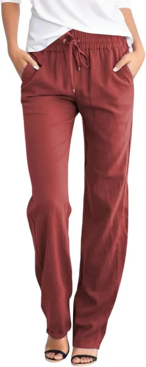 PTOLOCIF Linen Beach Pants Women,Casual Linen High Waist Pants Wide Leg Palazzo Pants Drawstring Loose Fit Summer Pants