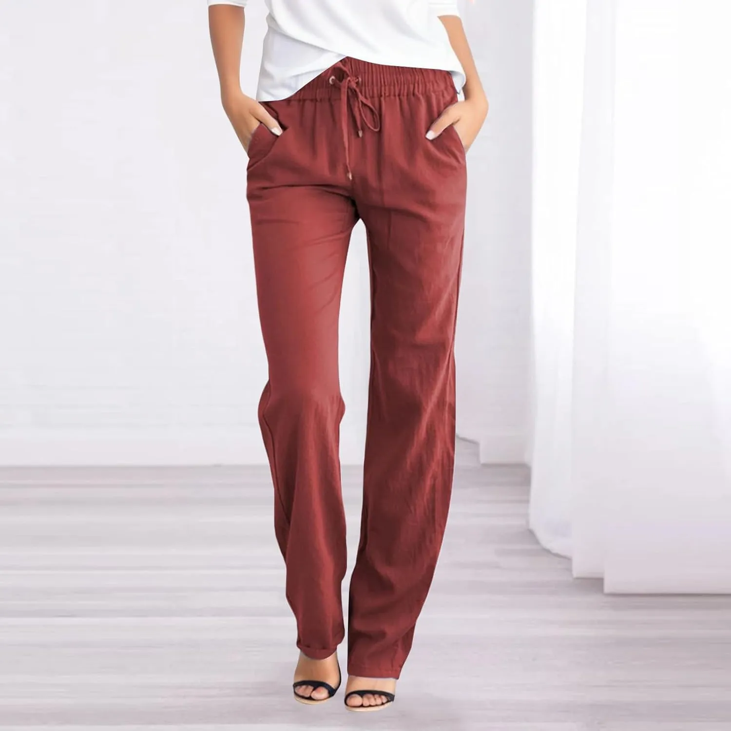 PTOLOCIF Linen Beach Pants Women,Casual Linen High Waist Pants Wide Leg Palazzo Pants Drawstring Loose Fit Summer Pants