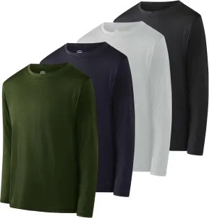 Real Essentials 4 Pack: Boys Youth Dry-Fit Moisture Wicking Active Athletic Performance Long-Sleeve T-Shirt