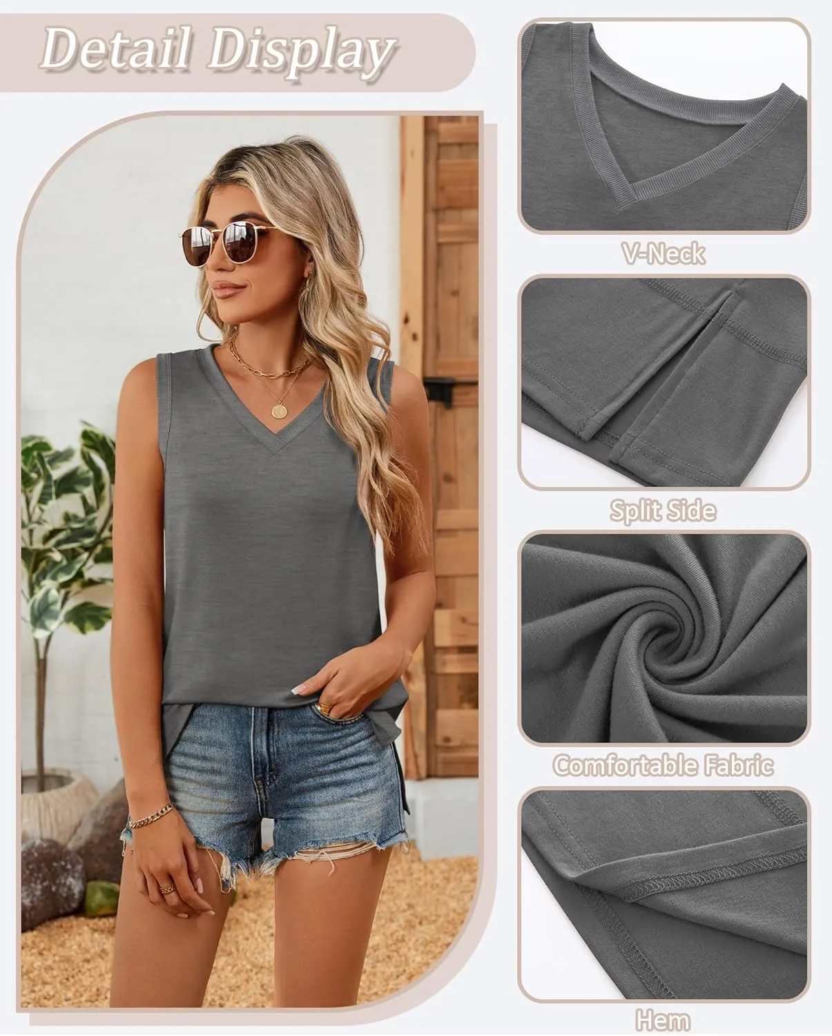 Riyiper 3 Pack Womens Tank Tops Sleeveless V Neck Casual Summer Cotton Side Slit Hem Basic Tee Shirt Loose Fit Trendy Outfits