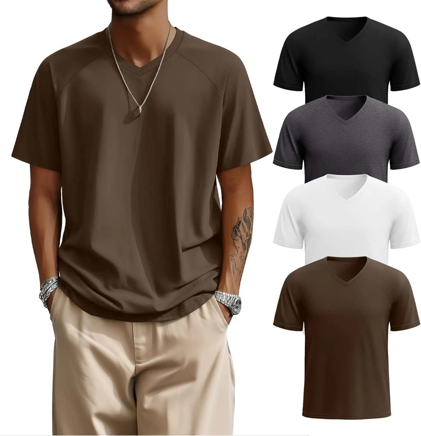 Riyiper 4 Pack Men's Big and Tall V Neck T-Shirts, Raglan Short Sleeve 30% Cotton Oversized Top Casual Summer Basic Tee