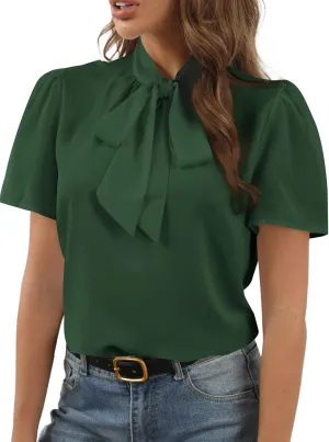 Rooscier Women's Bow Tie Knot Mock Neck Short Sleeve Elegant Workwear Blouse Shirt Top
