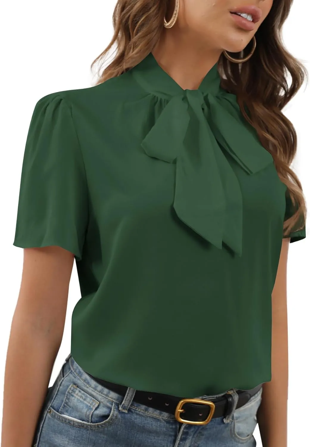 Rooscier Women's Bow Tie Knot Mock Neck Short Sleeve Elegant Workwear Blouse Shirt Top