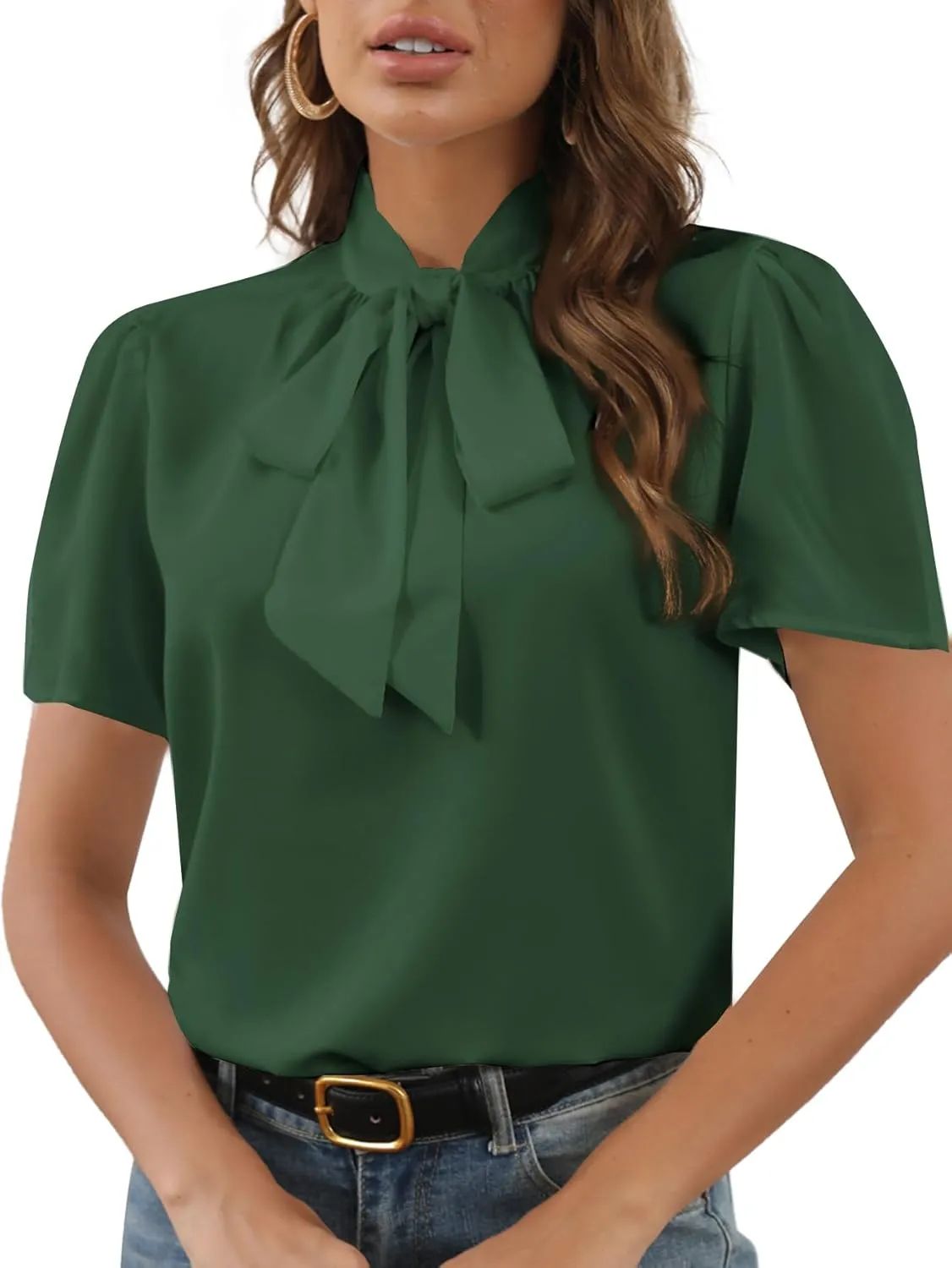 Rooscier Women's Bow Tie Knot Mock Neck Short Sleeve Elegant Workwear Blouse Shirt Top