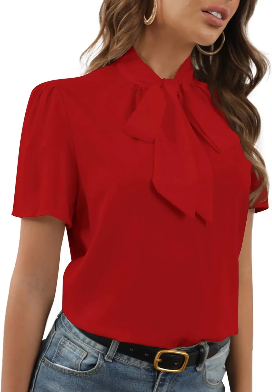 Rooscier Women's Bow Tie Knot Mock Neck Short Sleeve Elegant Workwear Blouse Shirt Top