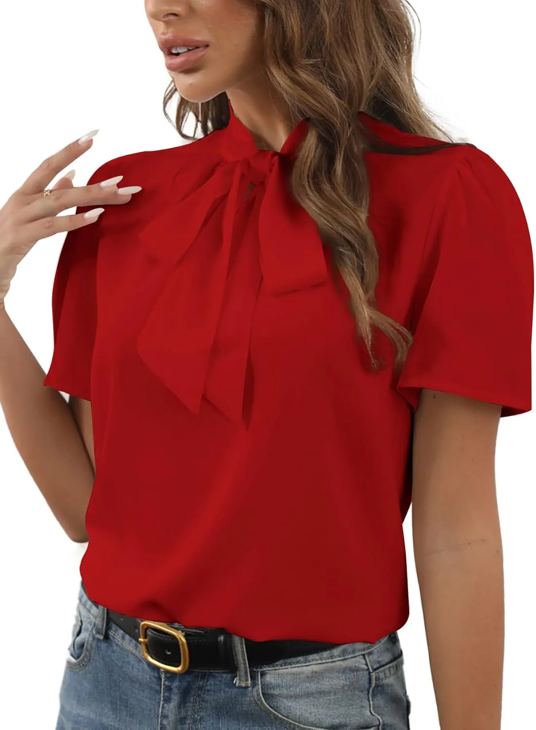 Rooscier Women's Bow Tie Knot Mock Neck Short Sleeve Elegant Workwear Blouse Shirt Top