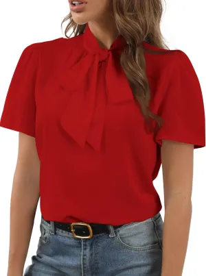 Rooscier Women's Bow Tie Knot Mock Neck Short Sleeve Elegant Workwear Blouse Shirt Top