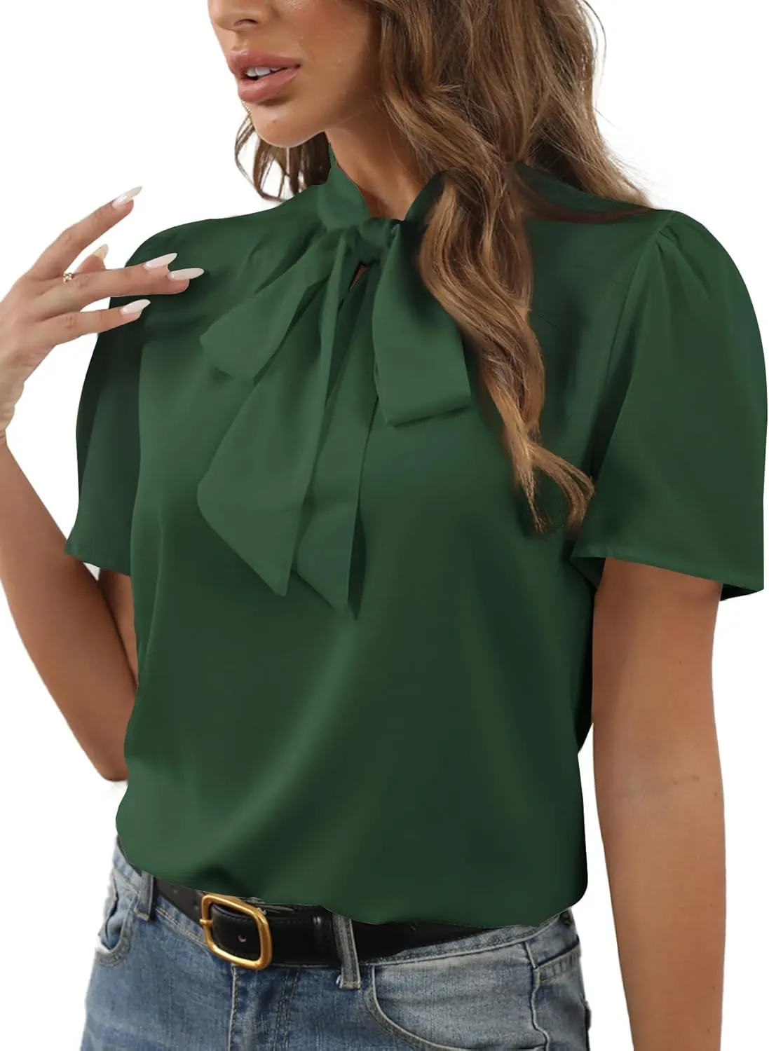 Rooscier Women's Bow Tie Knot Mock Neck Short Sleeve Elegant Workwear Blouse Shirt Top
