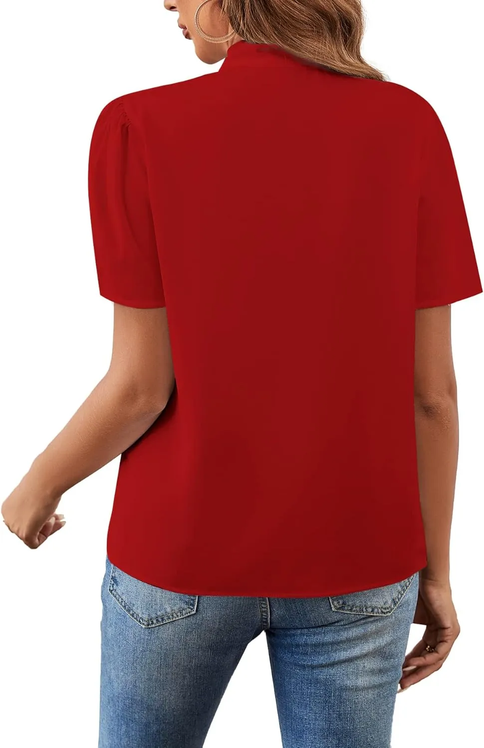 Rooscier Women's Bow Tie Knot Mock Neck Short Sleeve Elegant Workwear Blouse Shirt Top