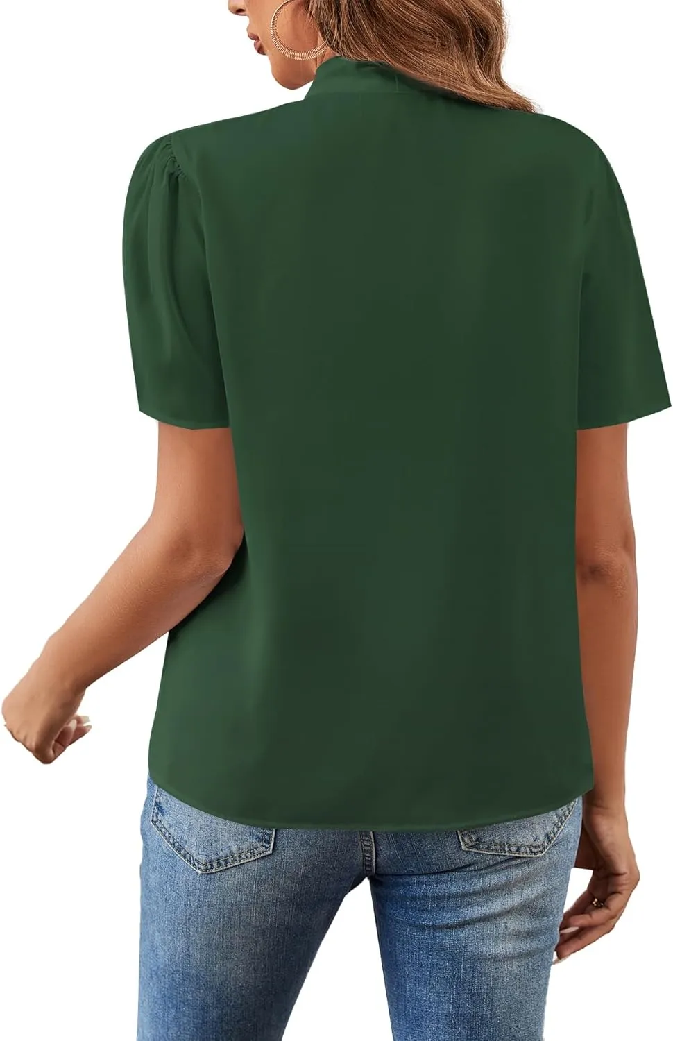 Rooscier Women's Bow Tie Knot Mock Neck Short Sleeve Elegant Workwear Blouse Shirt Top
