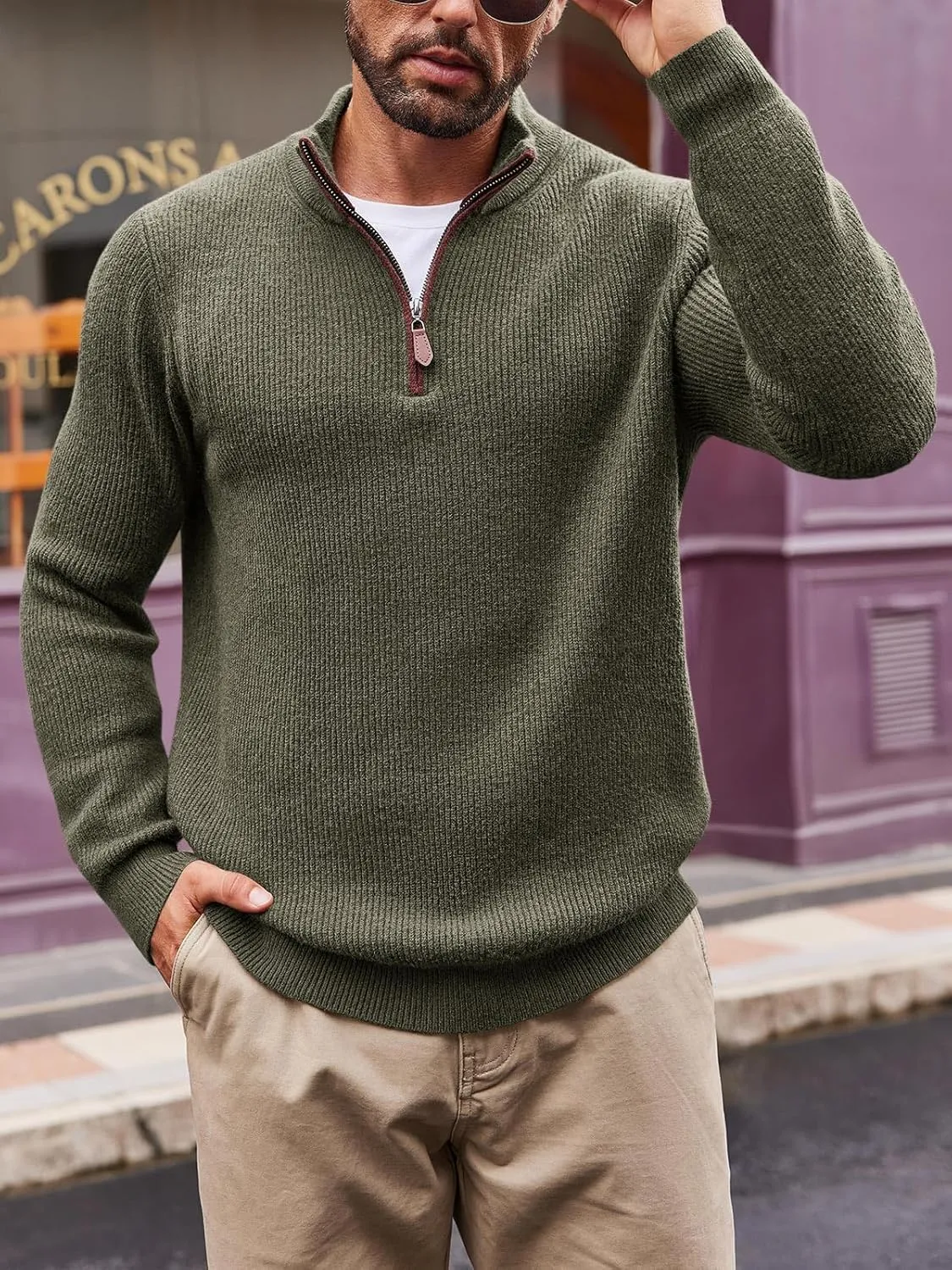 Runcati Mens Quarter-Zip Pullover Sweater Casual Mock Neck Winter Warm Ribbed Polo Sweaters