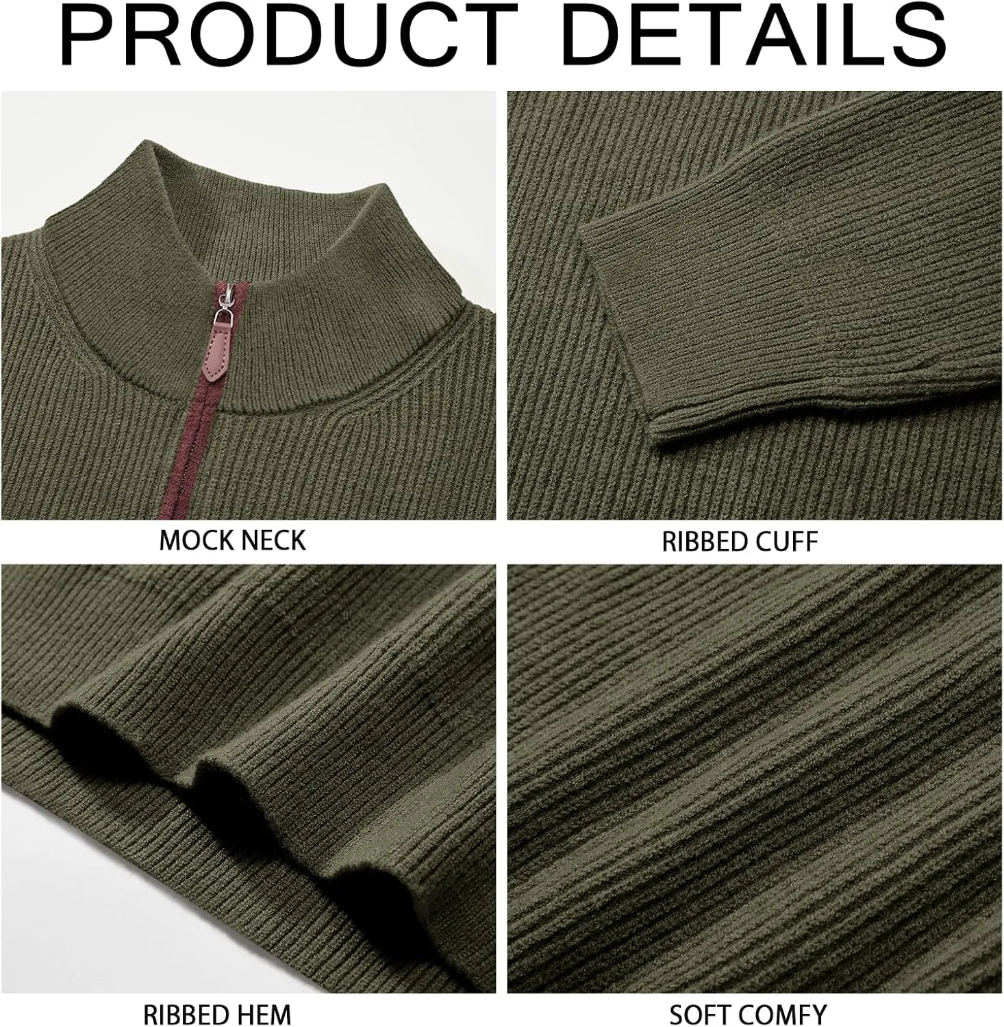Runcati Mens Quarter-Zip Pullover Sweater Casual Mock Neck Winter Warm Ribbed Polo Sweaters