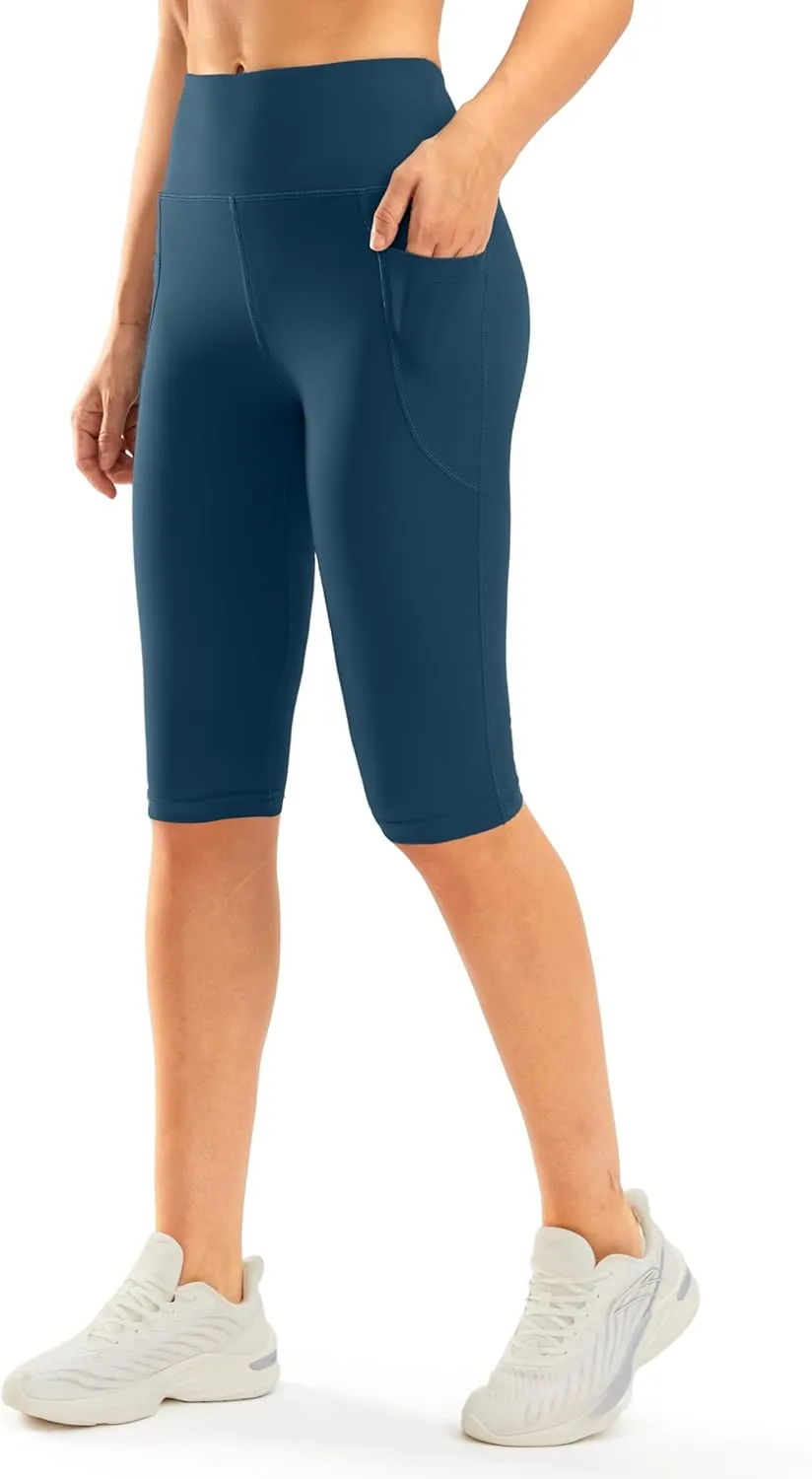 SANTINY Women's Knee Length Capri Leggings with Pockets High Waisted Workout Exercise Yoga Capris Pants for Women
