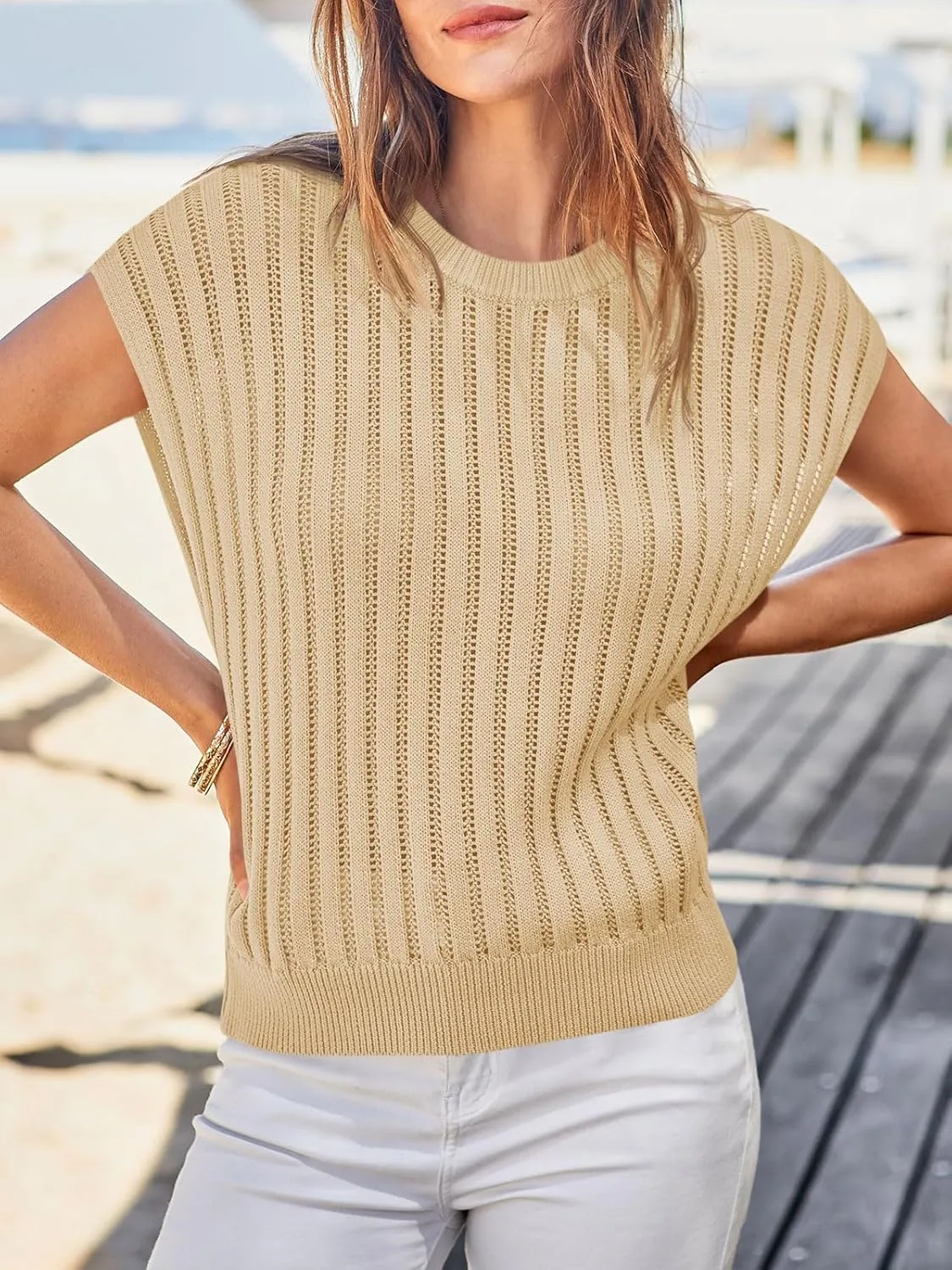Saodimallsu Womens Summer Crochet Sweater Vest Cap Sleeve Knit Tops Casual Crewneck Sleeveless Sweaters