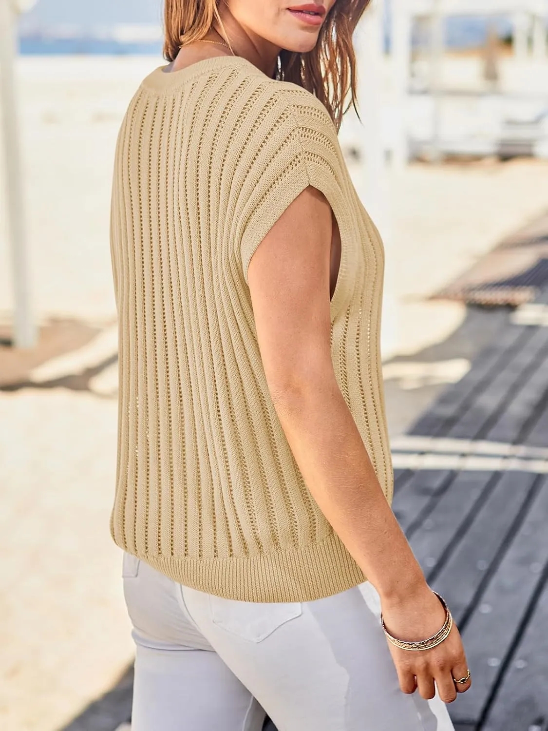Saodimallsu Womens Summer Crochet Sweater Vest Cap Sleeve Knit Tops Casual Crewneck Sleeveless Sweaters