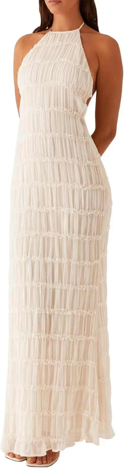 Sastianaen Women Summer Halter Neck Backless Maxi Dress Y2K Sexy Cut Out Flowy Tiered Ruffle Beach Long Dress