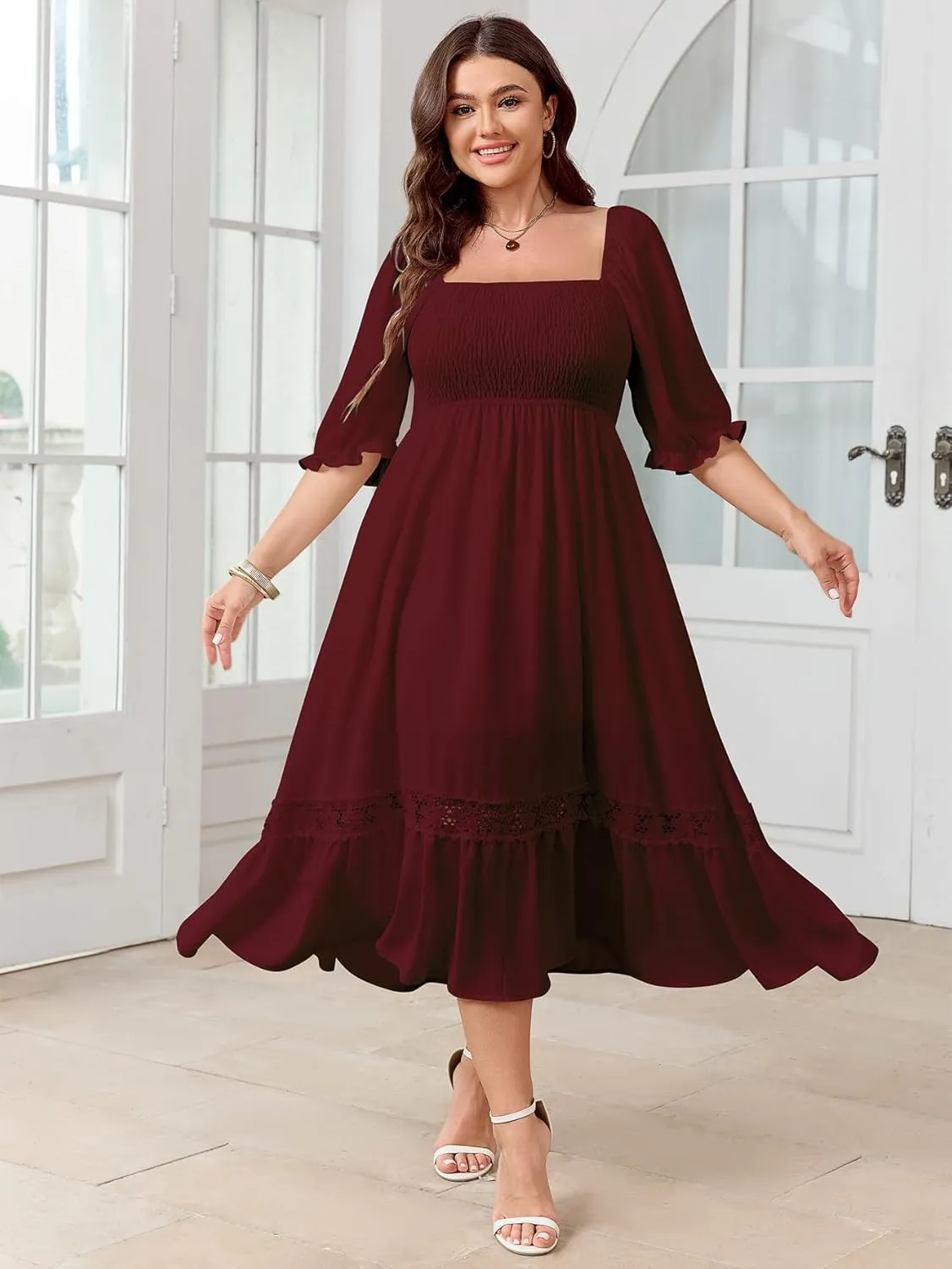 SCOMCHIC Women's Plus Size Maxi Dress Short Sleeve Square Neck Smocked Flowy A-Line Lace Trim Boho Wedding Guest Dresses